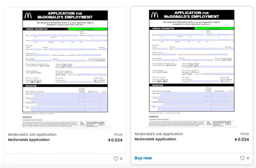 McDonald’s İş Başvuru Formu NFT Olarak Satılıyor mcd